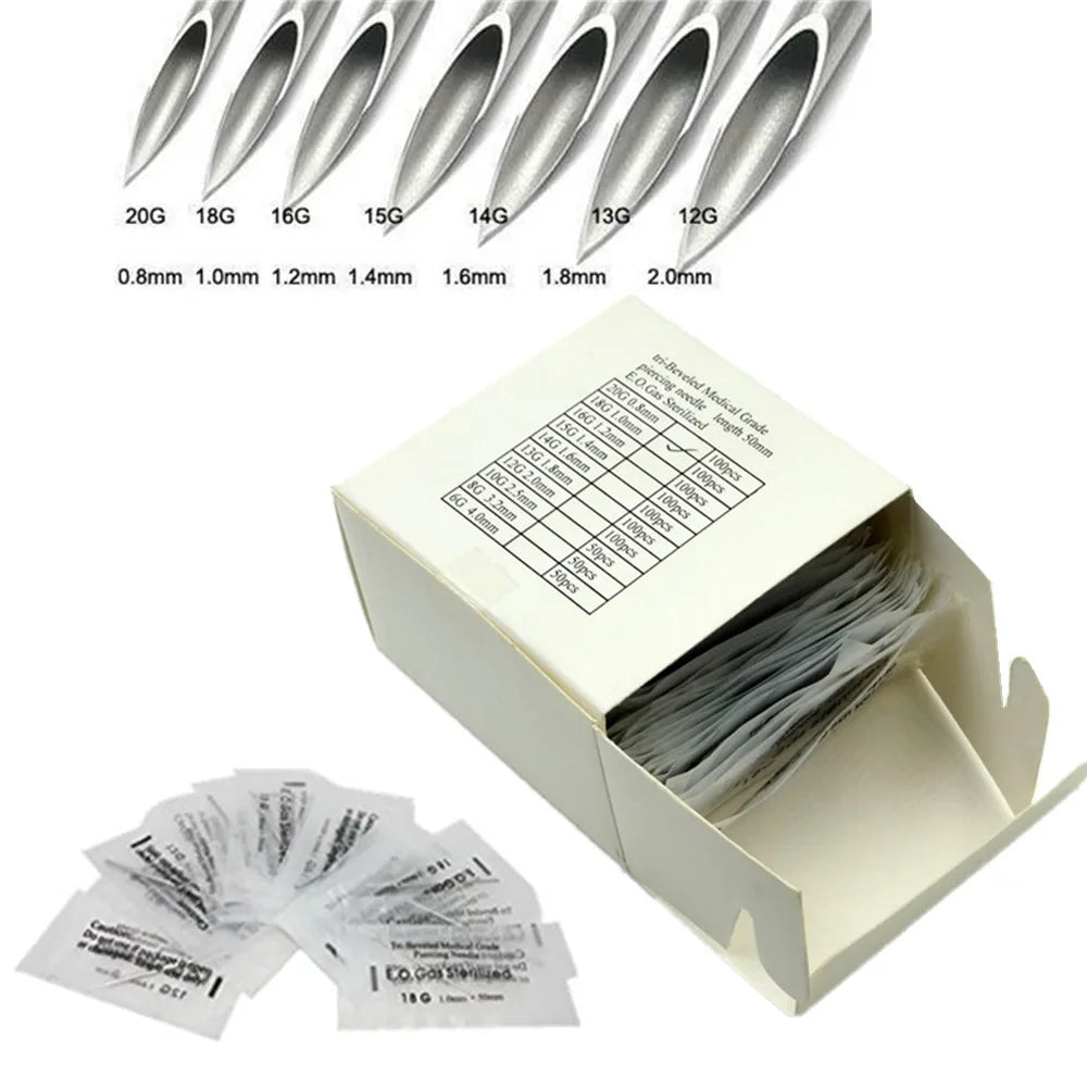 20pcs Sterile Body Piercing Needles (12/14/16/18/20G) 316L Stainless Steel