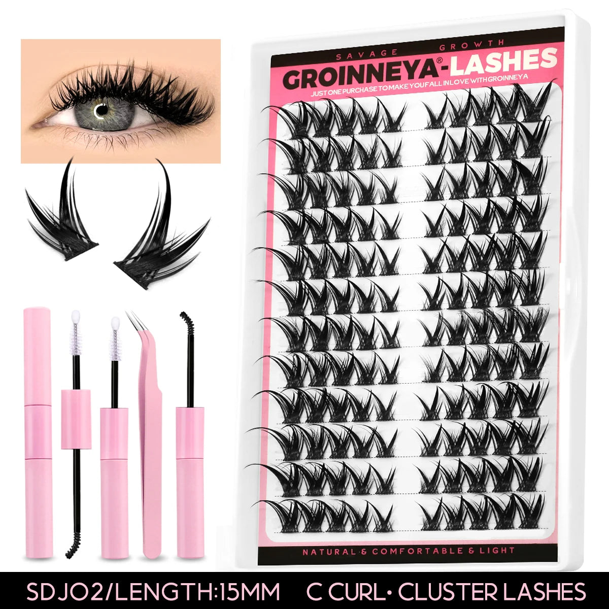 GROINNEYA Lash Clusters Kit DIY Lash Extension Kit Individual Lashes Cluster with Lash Bond & Seal & Remover EyeLashes Extension