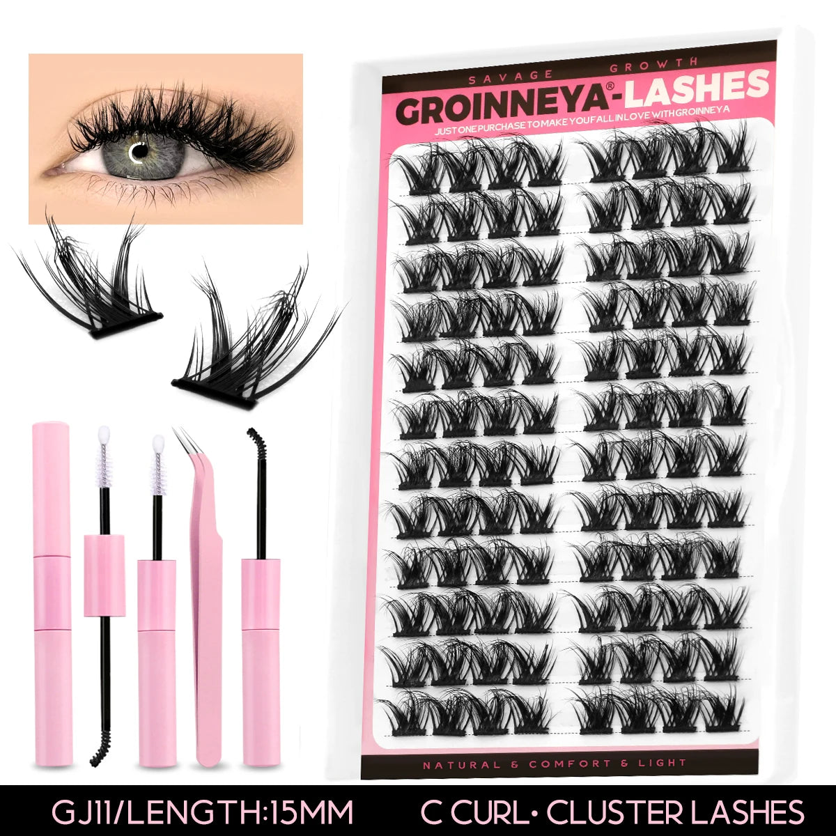 GROINNEYA Lash Clusters Kit DIY Lash Extension Kit Individual Lashes Cluster with Lash Bond & Seal & Remover EyeLashes Extension