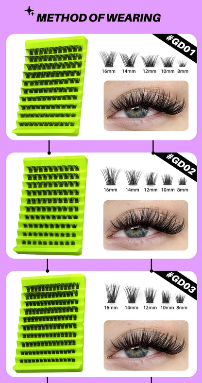 GROINNEYA Cluster Lashes, Natural Eyelash Extensions, Volume Individual Lashes, Mixed Tray, Faux Mink