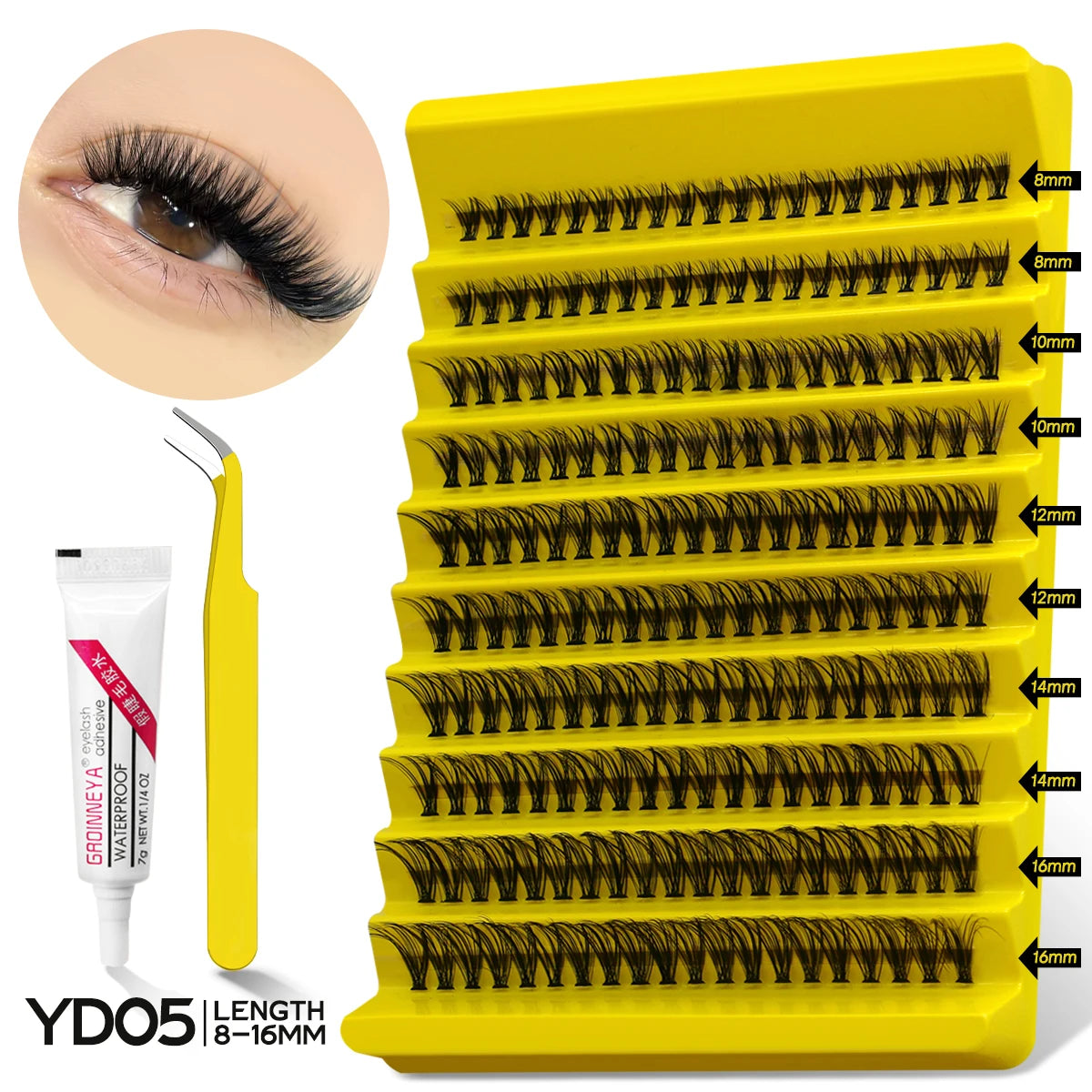 GROINNEYA Lash Clusters Kit, Waterproof Strong Hold, DIY Lash Extensions, Bond & Seal, Tweezers