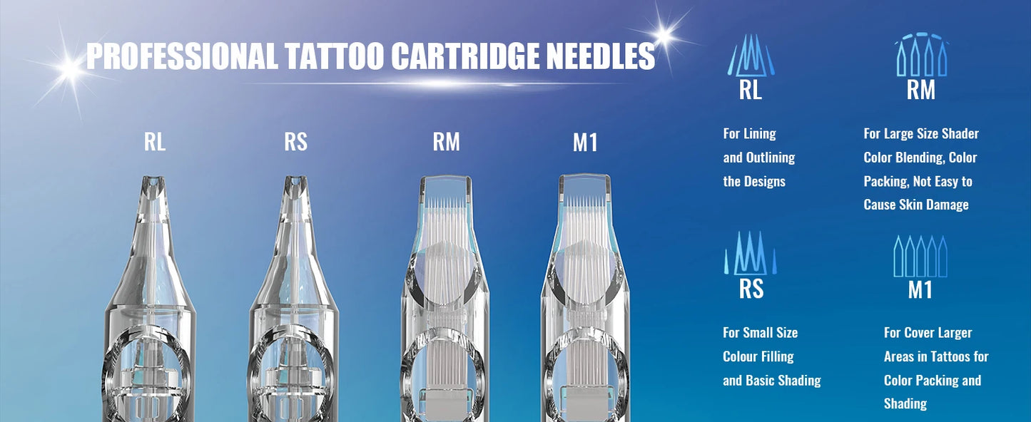 20/50PCS Transparent Tattoo Needle Cartridges - RL, RS, M1, CM Sterilized & Safe