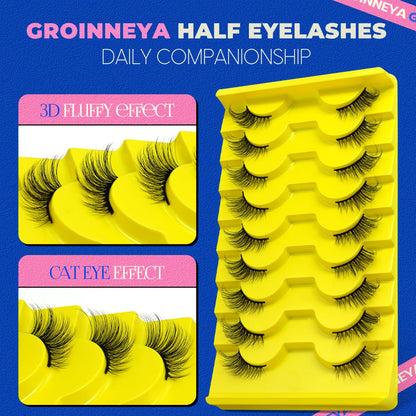 GROINNEYA Half Lashes, 5/7/10 Pairs, Soft Natural Cat Eye, Fluffy Faux Cils, Eyelash Extensions