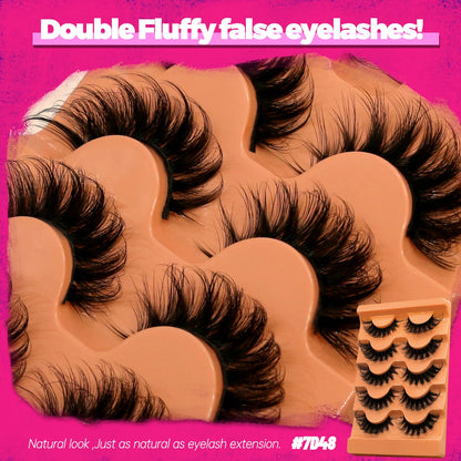 GROINNEYA Fluffy Lashes, 5 Pairs, D Curl 3D Mink, Thick Volume Russian Strips, Faux Natural Lashes