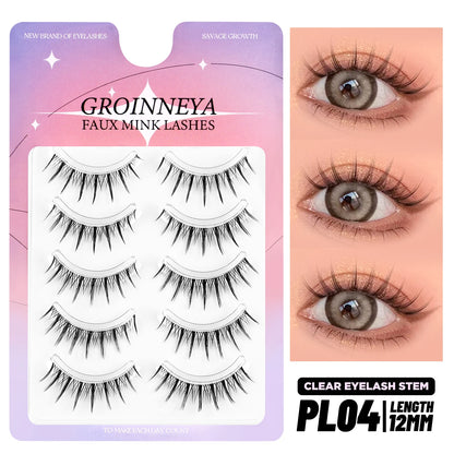 GROINNEYA Korean Manga Lashes, 5 Pairs, Natural Wispy Soft False Eyelashes, Comic Eye, Clear Band Extensions