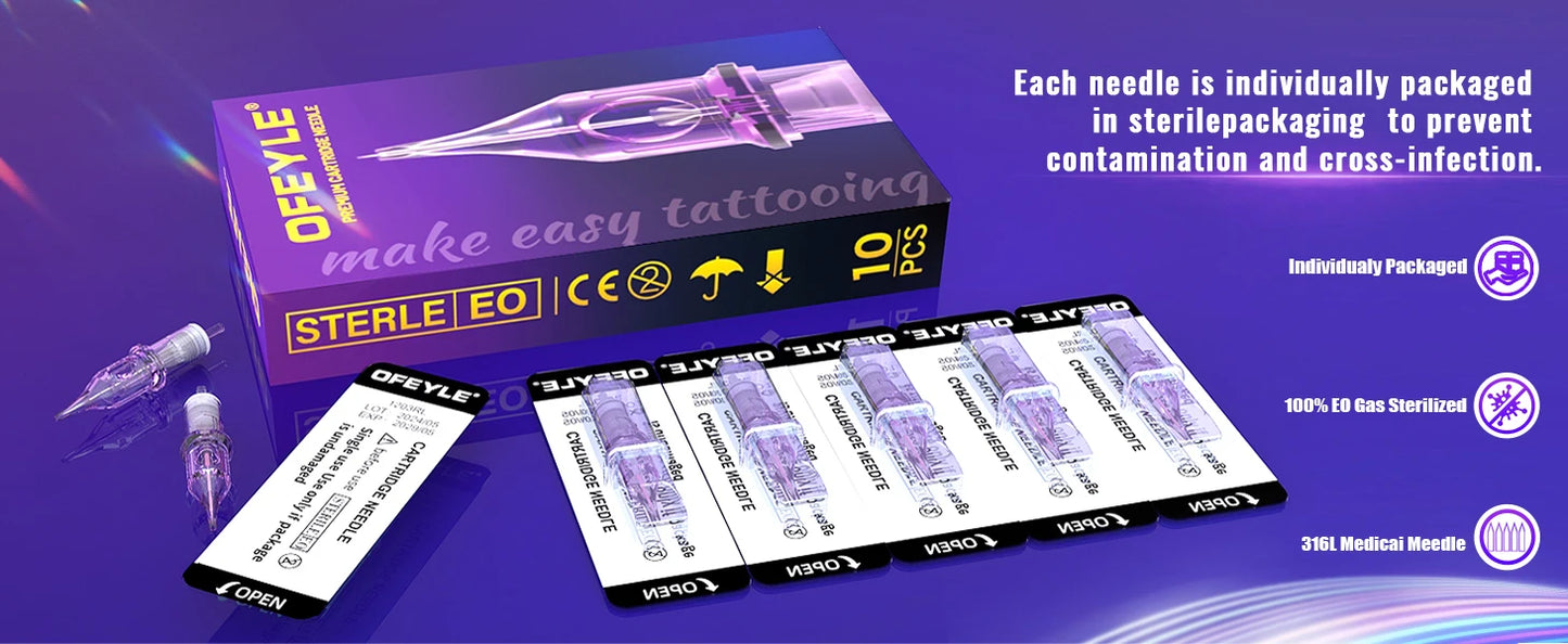 Yilong 10PCS Tattoo Needle Cartridges - RL, RS, RM, M1 Sterilized & Disposable