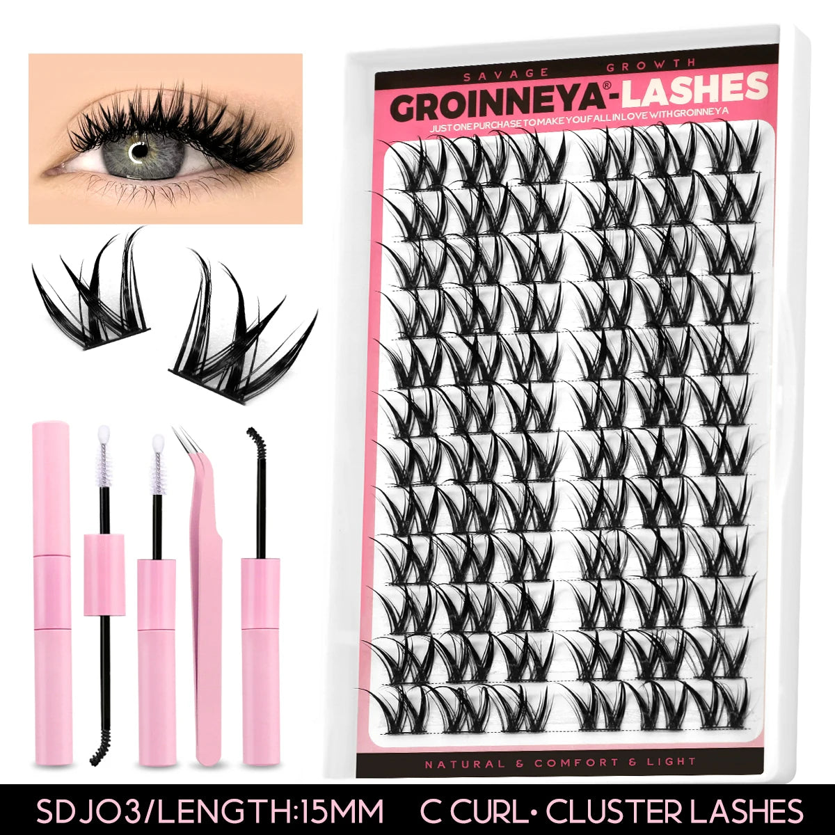 GROINNEYA Lash Clusters Kit DIY Lash Extension Kit Individual Lashes Cluster with Lash Bond & Seal & Remover EyeLashes Extension