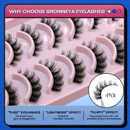 GROINNEYA 3D Natural Eyelashes, 5/10 Pairs, Fluffy Wispy, Cross, Cat Eye Lash Extensions Makeup