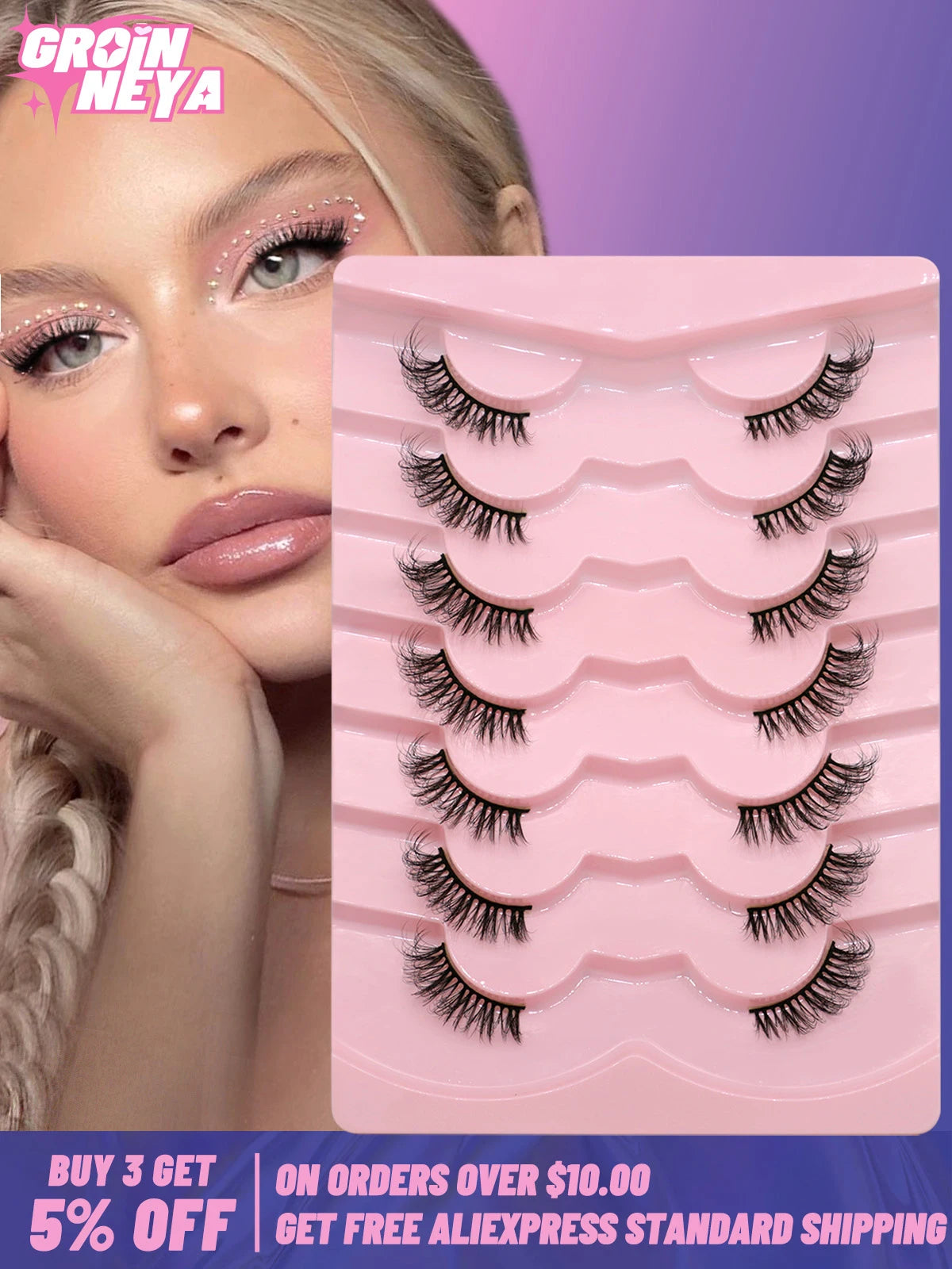 GROINNEYA Half Eye Lashes, 5/7 Pairs, New Faux Mink, Wispy Fluffy False Eyelashes, Cat Eye Extensions