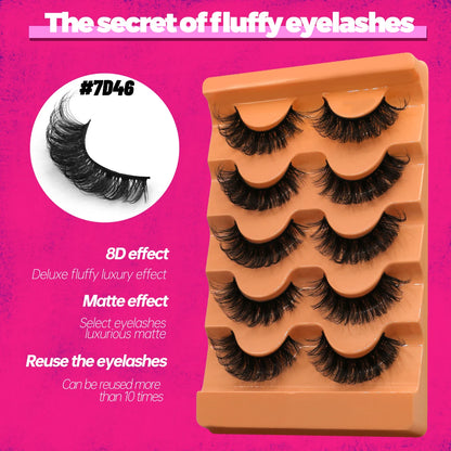 GROINNEYA Fluffy Lashes, 5 Pairs, D Curl 3D Mink, Thick Volume Russian Strips, Faux Natural Lashes