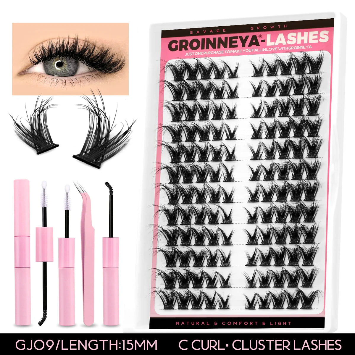 GROINNEYA Lash Clusters Kit DIY Lash Extension Kit Individual Lashes Cluster with Lash Bond & Seal & Remover EyeLashes Extension