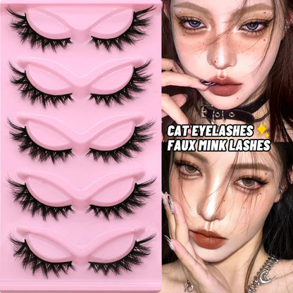 GROINNEYA 5 Pairs Cat Eye Lashes, Winged End, Elongated Faux Mink, Natural Eyelash Extensions