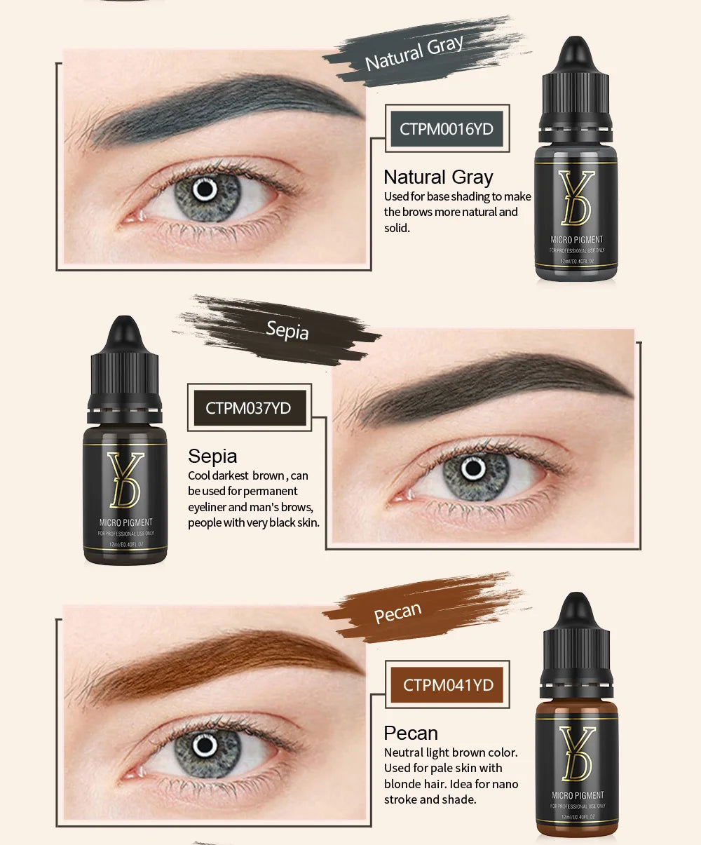 YD 12ML 20-Color Tattoo Microblading Ink for Eyebrows & Eyeliner - Semi Permanent