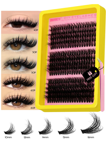 GROINNEYA Cluster Lashes Kit Fluffy Individual Lashes Volume Mixed Tray Faux Mink Lashes Eyelash Extension Makeup