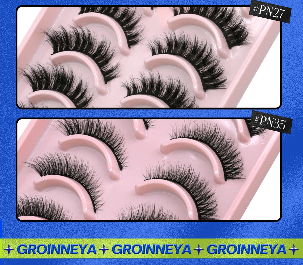 GROINNEYA 3D Natural Eyelashes, 5/10 Pairs, Fluffy Wispy, Cross, Cat Eye Lash Extensions Makeup