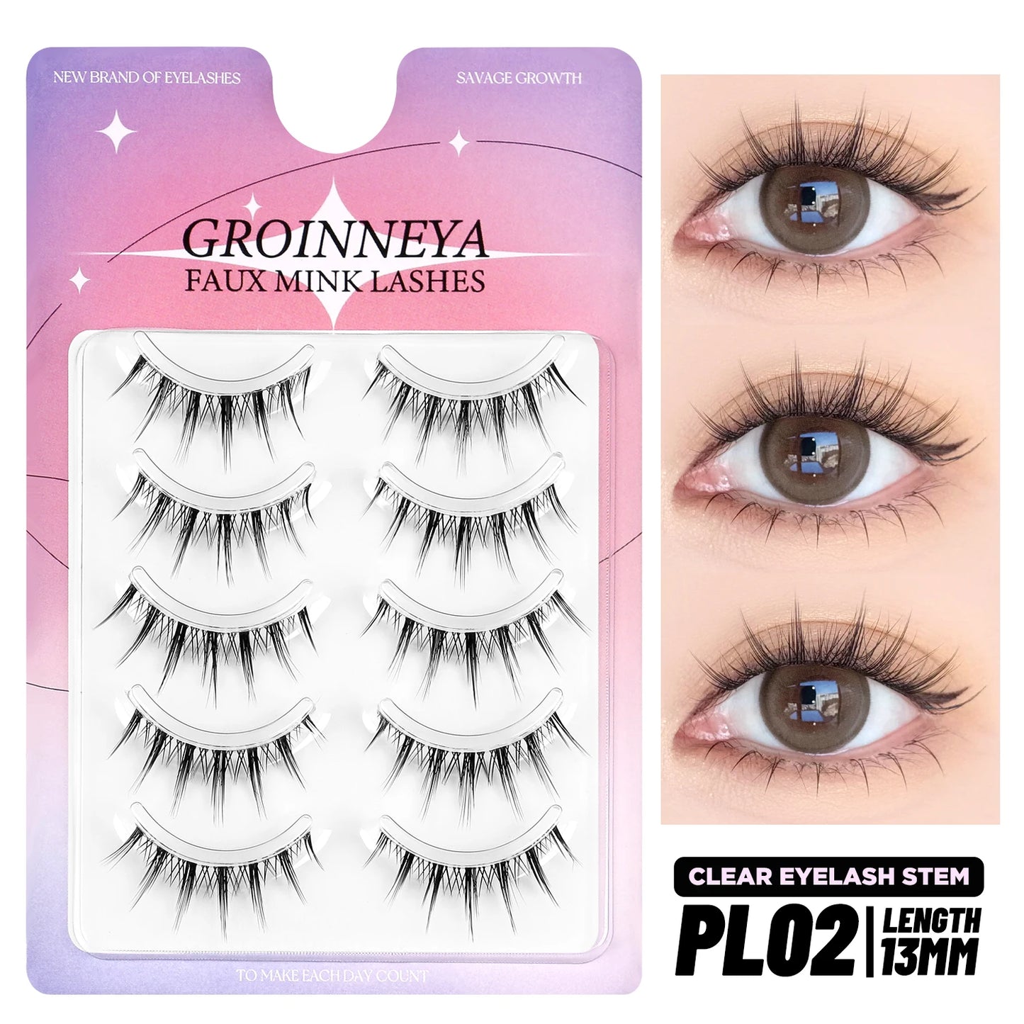 GROINNEYA Korean Manga Lashes, 5 Pairs, Natural Wispy Soft False Eyelashes, Comic Eye, Clear Band Extensions