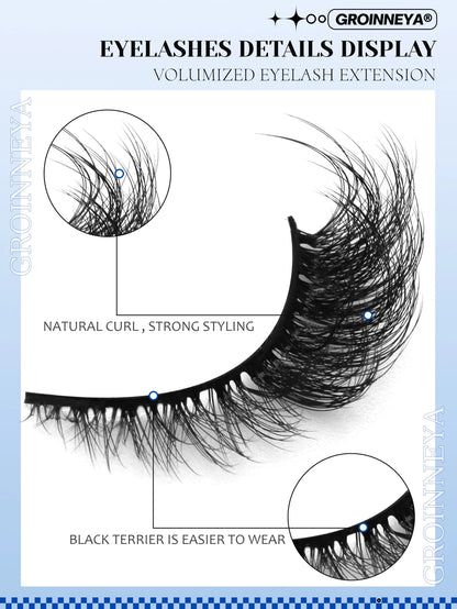 GROINNEYA Cat Eye Faux Mink Lashes, Winged End, Elongated, Natural Long Eyelash Extensions