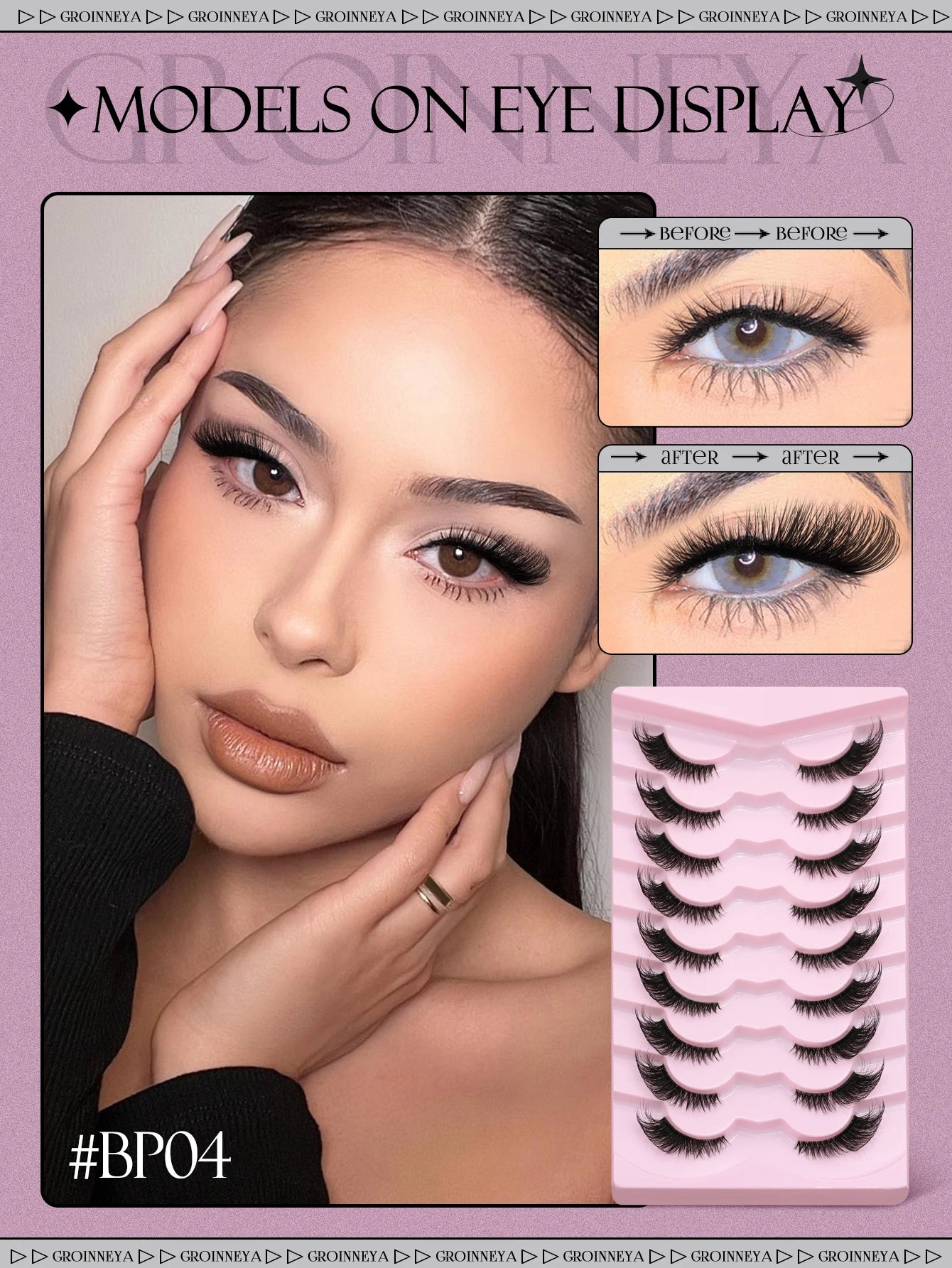 GROINNEYA Half Lashes, 3D Natural False Cat Eye Lashes, Soft Cross, Clear Band, Eyelash Extensions