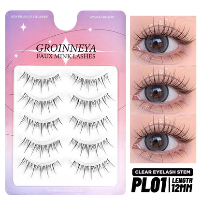 GROINNEYA Korean Manga Lashes, 5 Pairs, Natural Wispy Soft False Eyelashes, Comic Eye, Clear Band Extensions