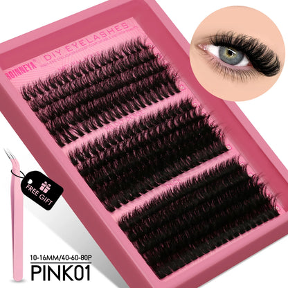 GROINNEYA Cluster Lashes Kit Fluffy Individual Lashes Volume Mixed Tray Faux Mink Lashes Eyelash Extension Makeup