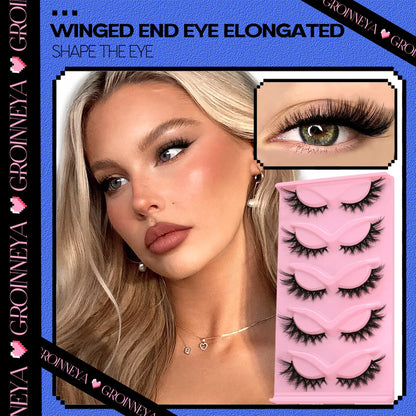 GROINNEYA 5 Pairs Cat Eye Lashes, Winged End, Elongated Faux Mink, Natural Eyelash Extensions