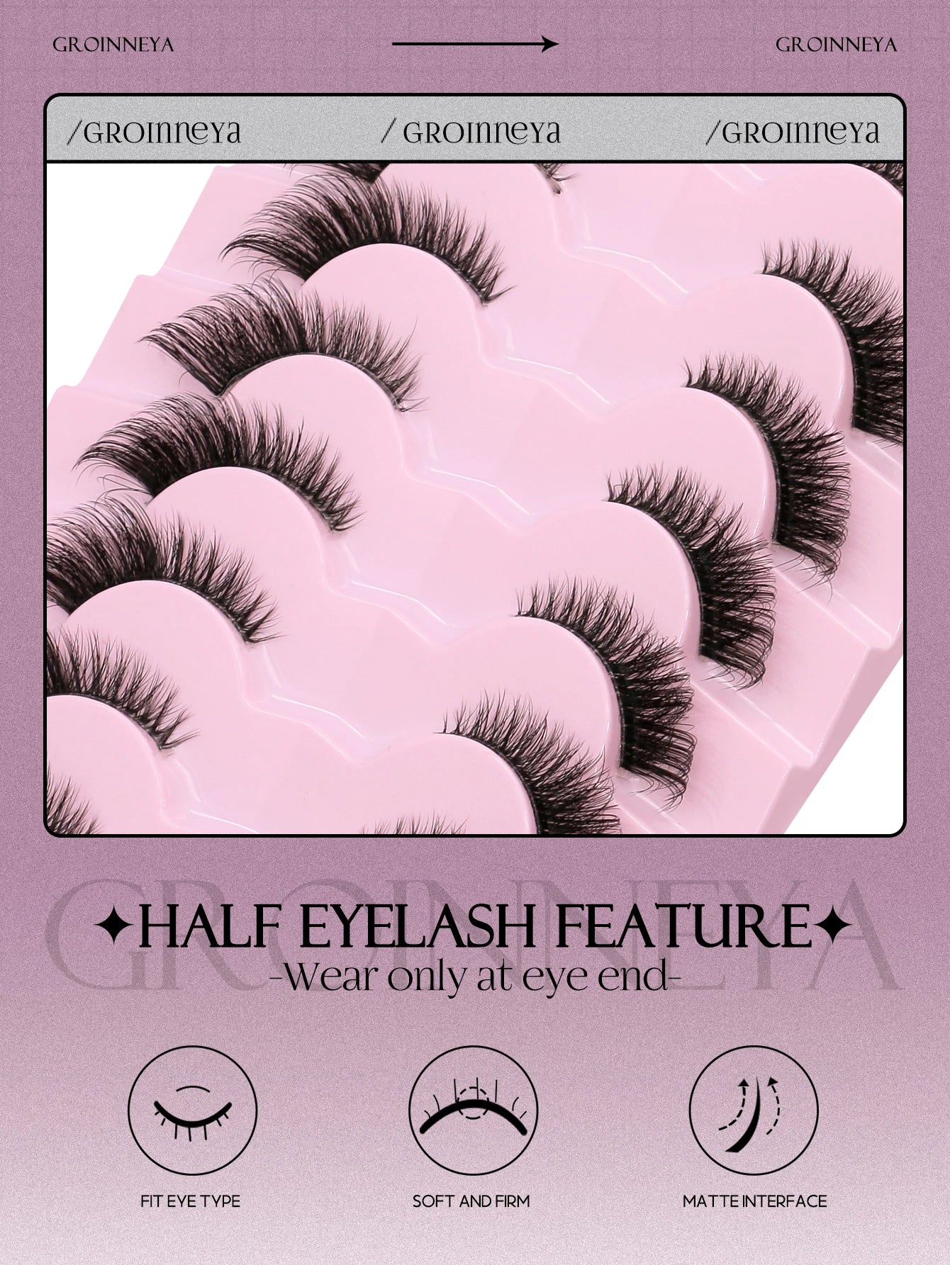 GROINNEYA Half Lashes, 3D Natural False Cat Eye Lashes, Soft Cross, Clear Band, Eyelash Extensions