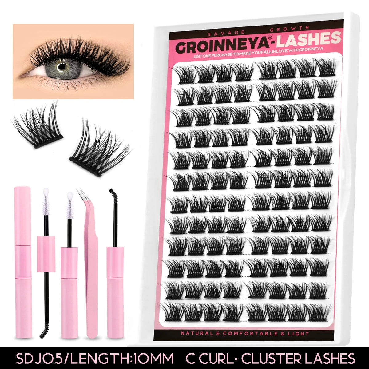 GROINNEYA Lash Clusters Kit DIY Lash Extension Kit Individual Lashes Cluster with Lash Bond & Seal & Remover EyeLashes Extension