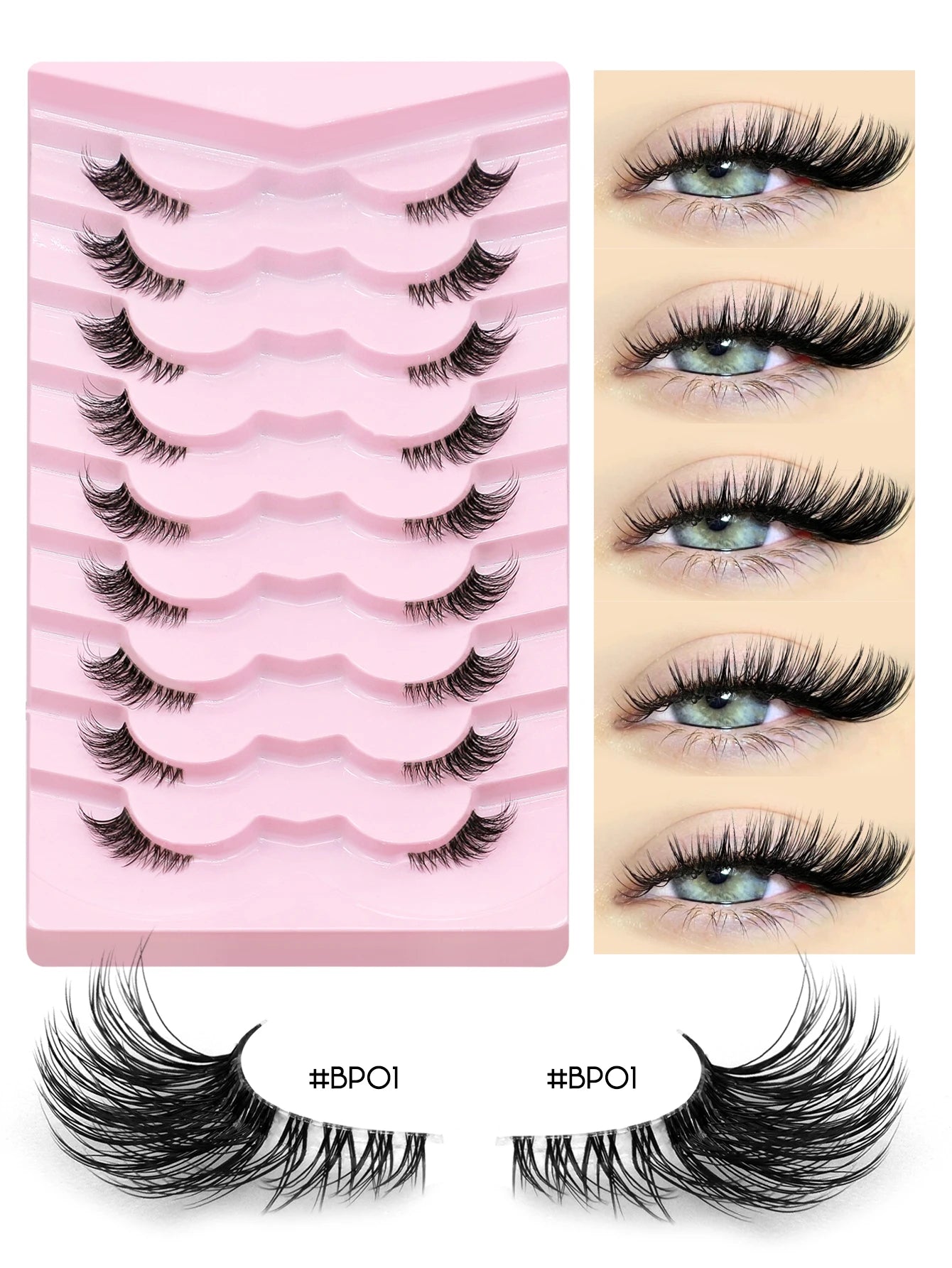 GROINNEYA Half Lashes, 3D Natural False Cat Eye Lashes, Soft Cross, Clear Band, Eyelash Extensions