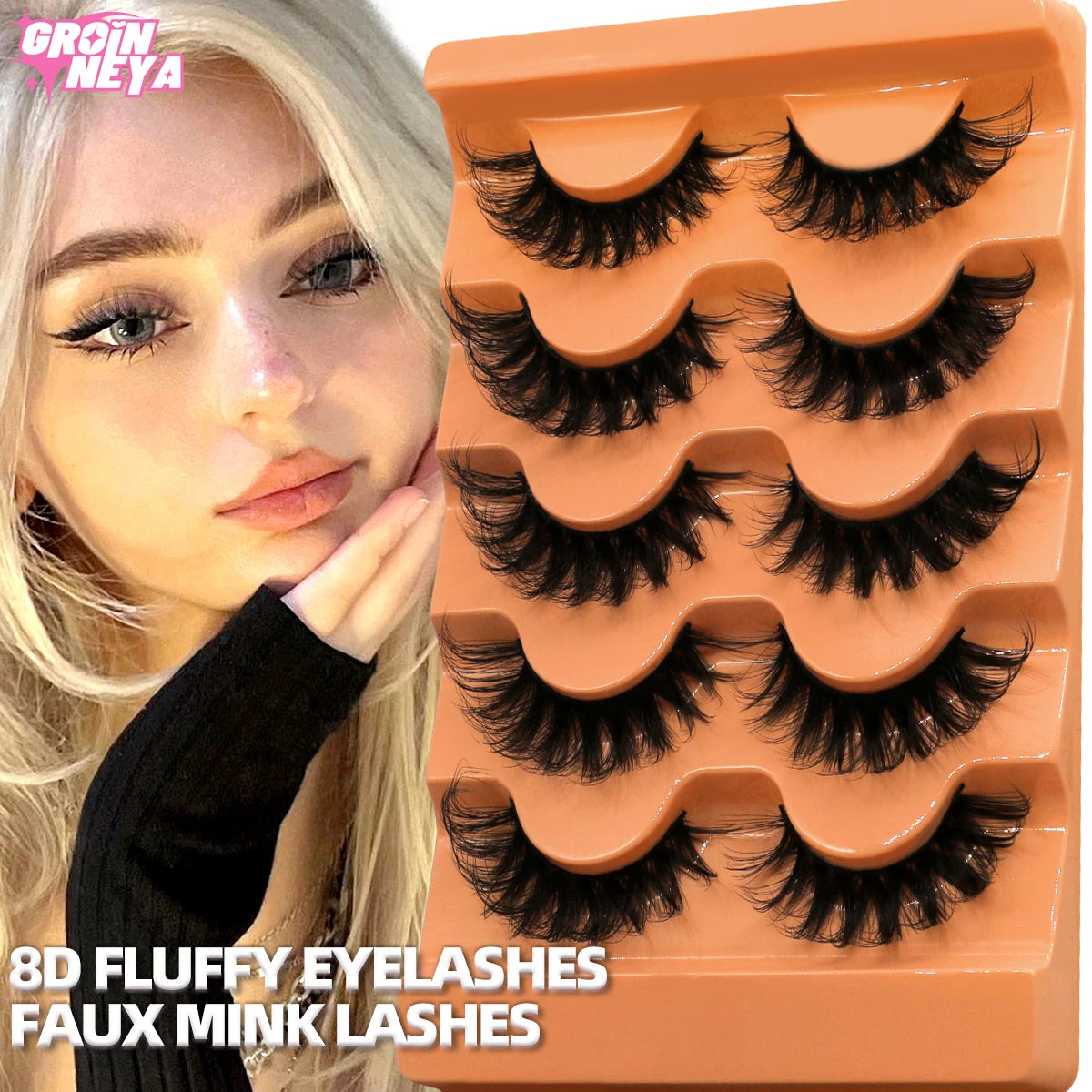 GROINNEYA Fluffy Lashes, 5 Pairs, D Curl 3D Mink, Thick Volume Russian Strips, Faux Natural Lashes