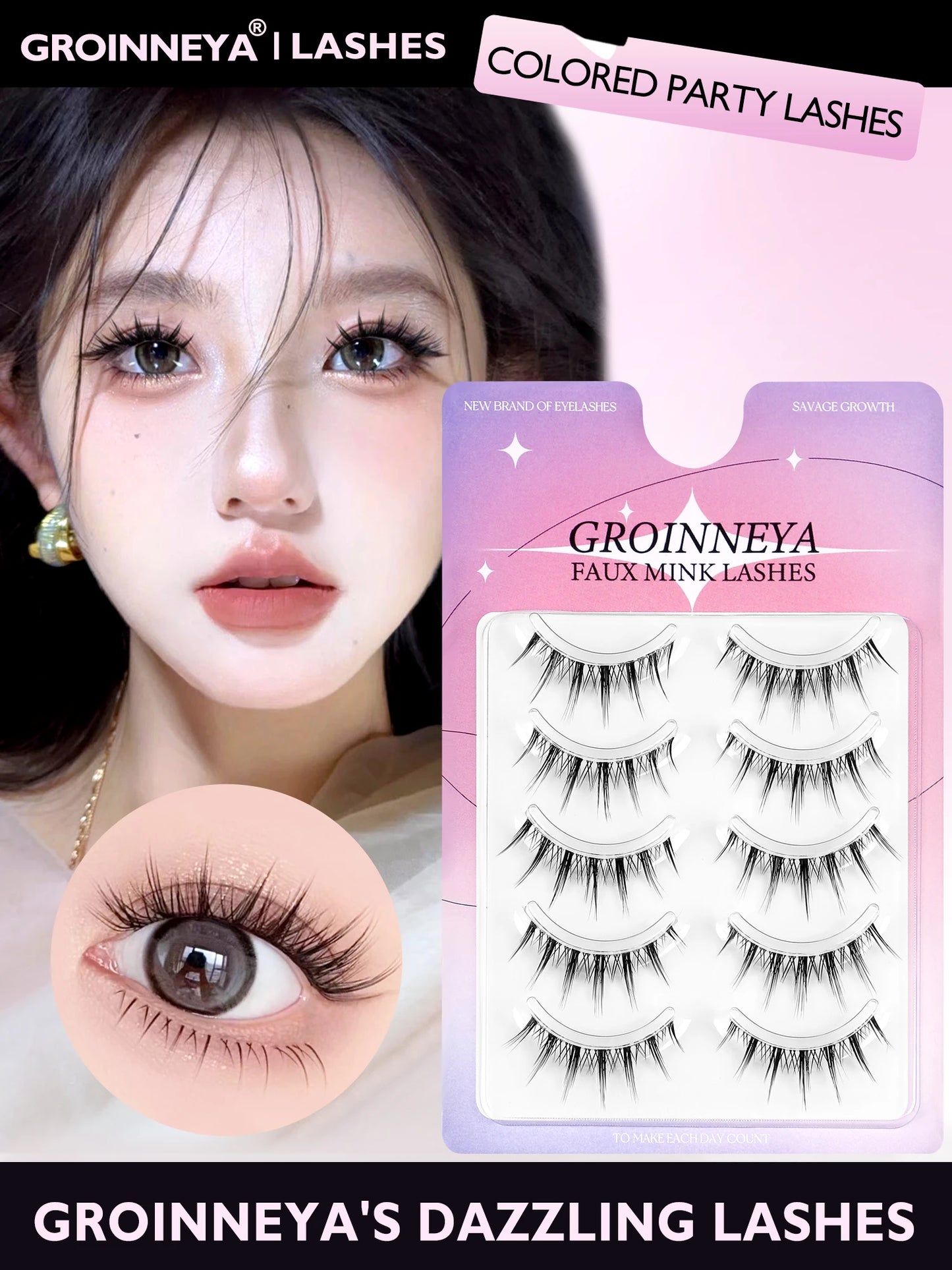 GROINNEYA Korean Manga Lashes, 5 Pairs, Natural Wispy Soft False Eyelashes, Comic Eye, Clear Band Extensions