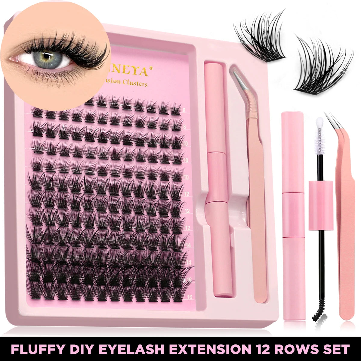 GROINNEYA Lash Clusters Kit, Waterproof Strong Hold, DIY Lash Extensions, Bond & Seal, Tweezers