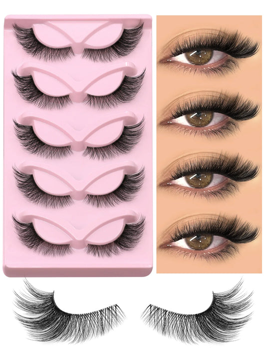 5 Pairs Cat Eye Faux Mink Lashes, Natural Long Manga, Winged End, Elongated Fake Eyelashes