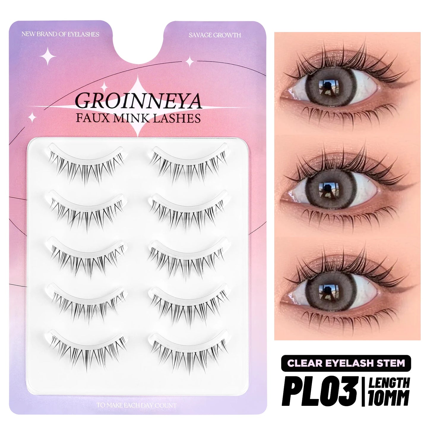 GROINNEYA Korean Manga Lashes, 5 Pairs, Natural Wispy Soft False Eyelashes, Comic Eye, Clear Band Extensions