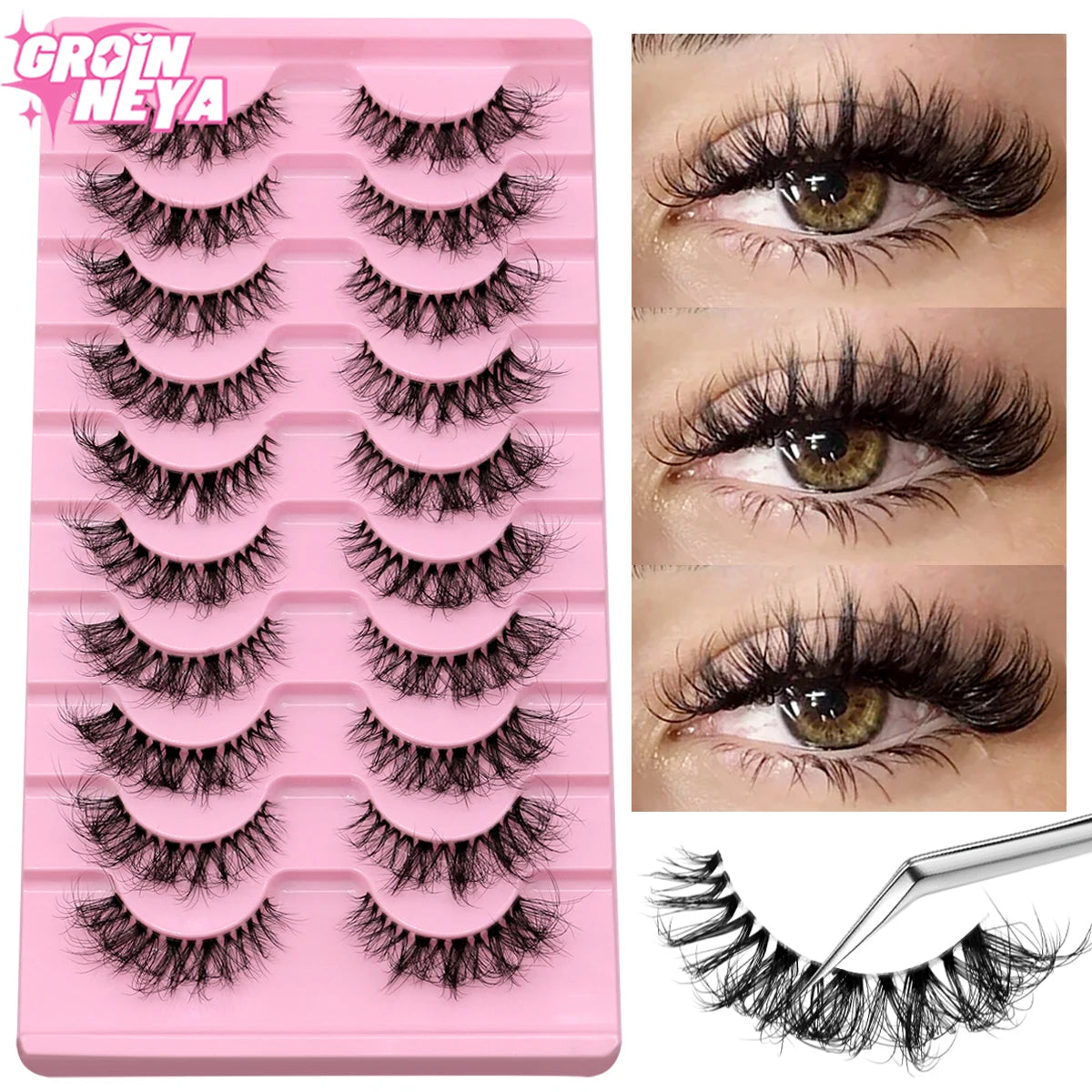 GROINNEYA 5/10 Pairs Mink Eyelashes, Invisible Band, Natural False Lashes, 3D Faux Mink Extensions