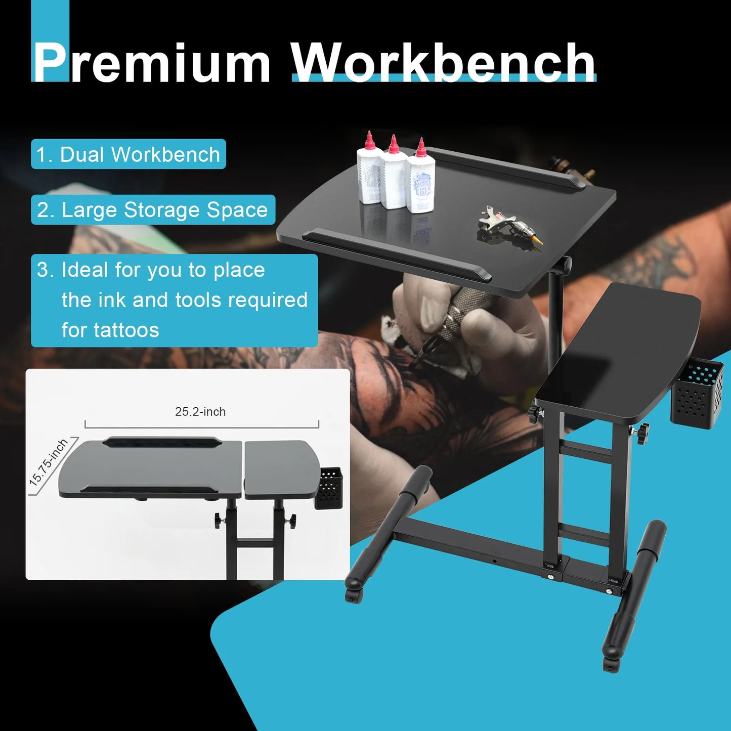 Portable Tattoo Workstation - Adjustable Dual Workbench with Universal Wheels