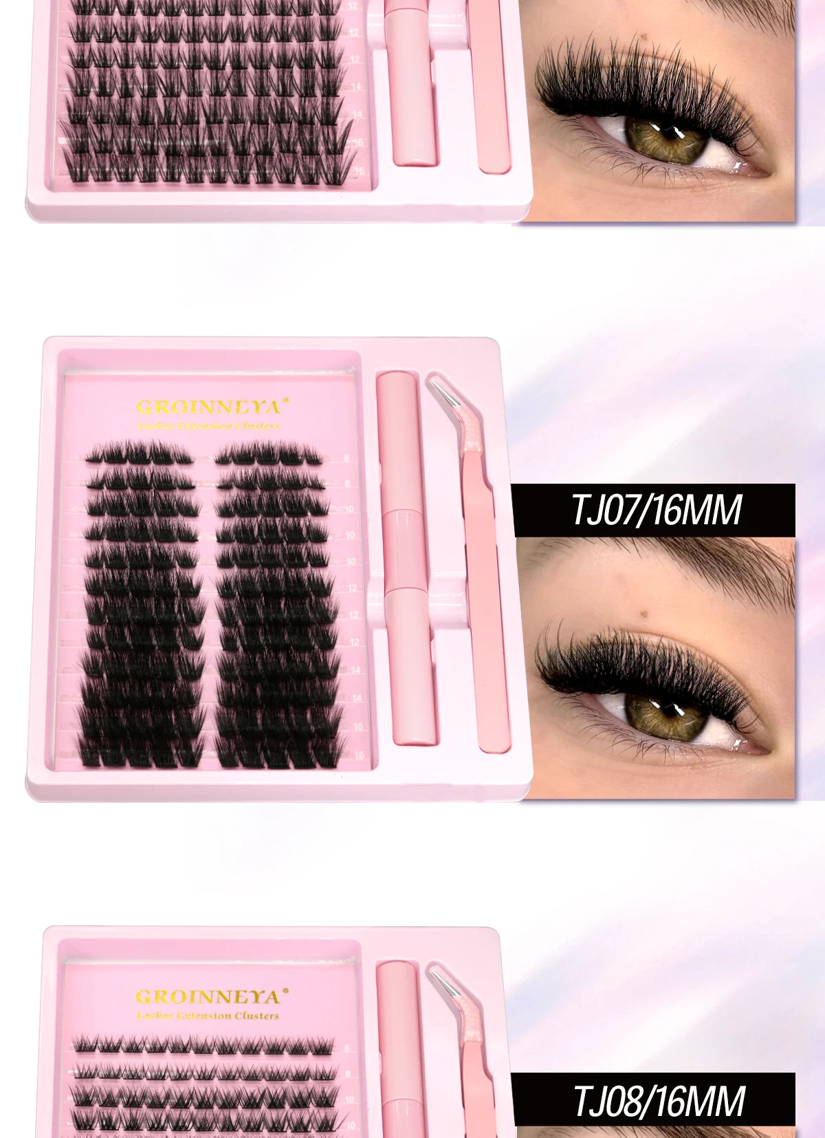 GROINNEYA Lash Clusters Kit, Waterproof Strong Hold, DIY Lash Extensions, Bond & Seal, Tweezers