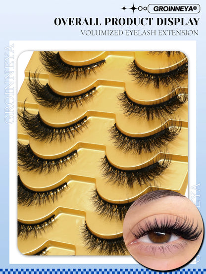 GROINNEYA Cat Eye Faux Mink Lashes, Winged End, Elongated, Natural Long Eyelash Extensions