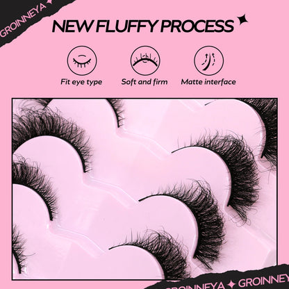 GROINNEYA Cat Eye Fluffy Lashes, Faux Mink, Long 5/7 Pairs, Dramatic Volume Lashes, Extension Makeup