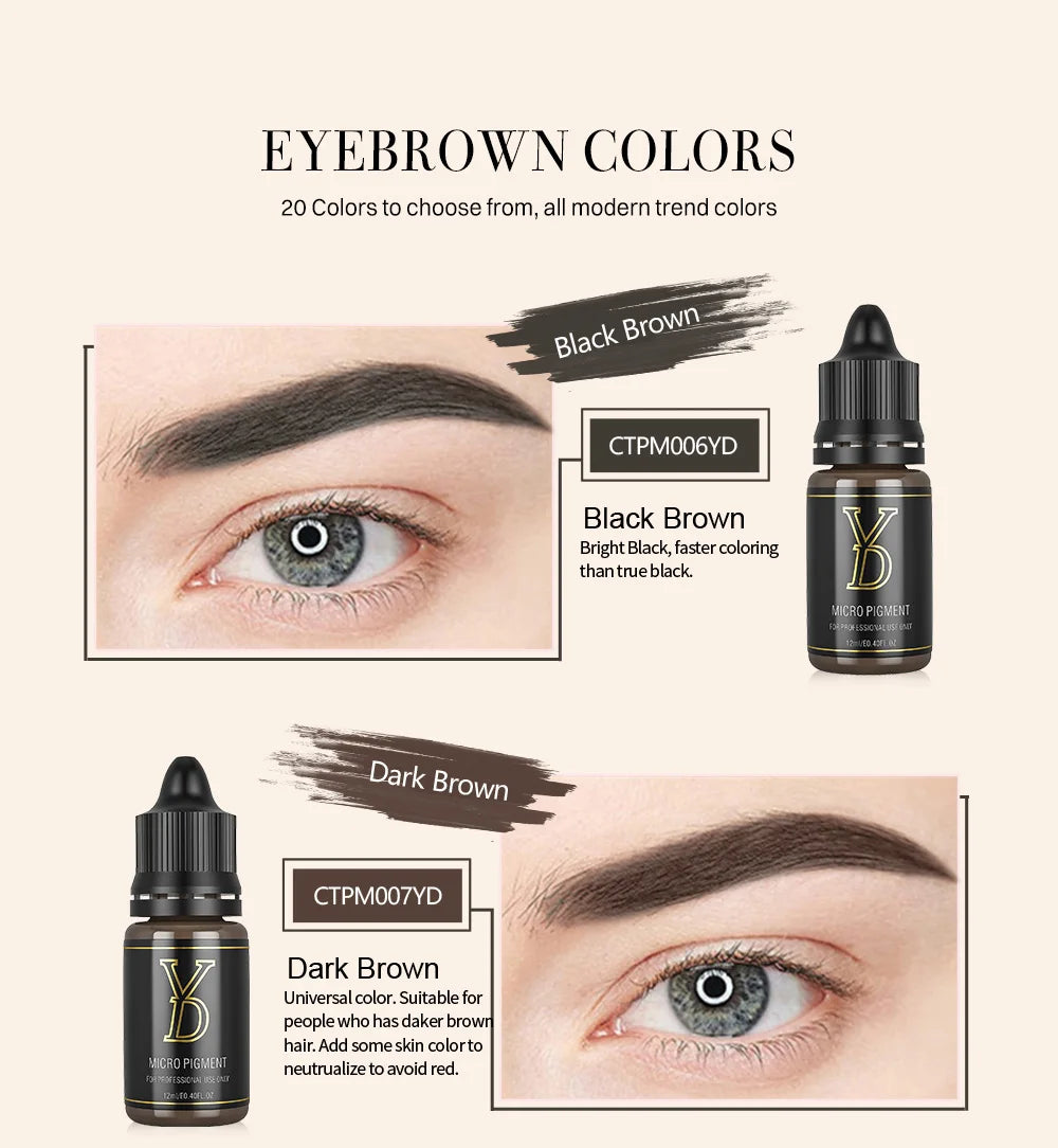 YD 12ML 20-Color Tattoo Microblading Ink for Eyebrows & Eyeliner - Semi Permanent