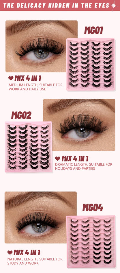 GROINNEYA 5/20 Pairs Russian Strip Lashes, DD Curl, Natural Lashes, 4 Styles, Eyelash Extensions