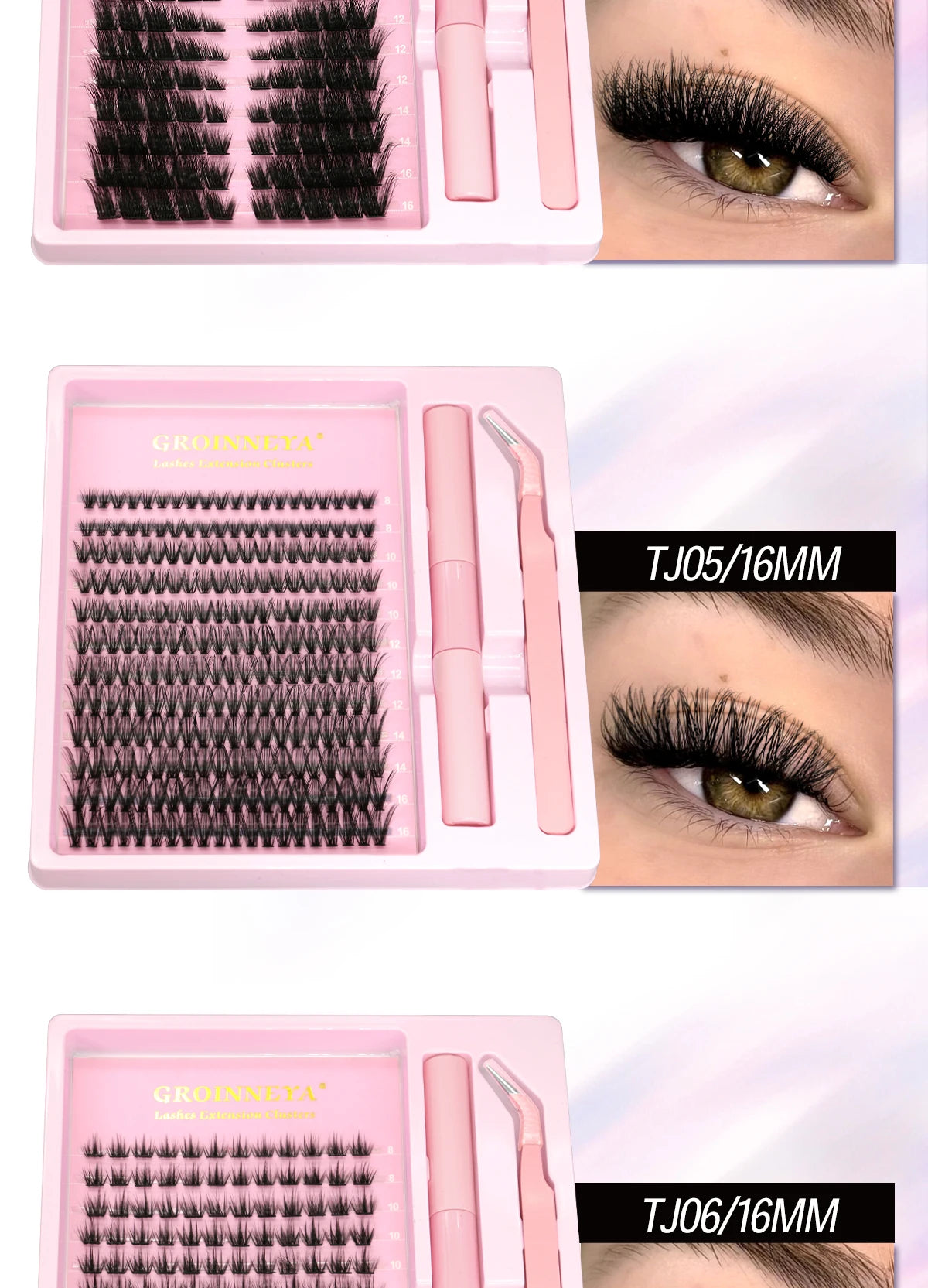 GROINNEYA Lash Clusters Kit, Waterproof Strong Hold, DIY Lash Extensions, Bond & Seal, Tweezers