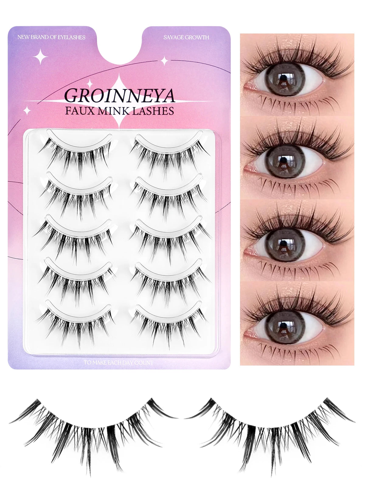 GROINNEYA Korean Manga Lashes, 5 Pairs, Natural Wispy Soft False Eyelashes, Comic Eye, Clear Band Extensions