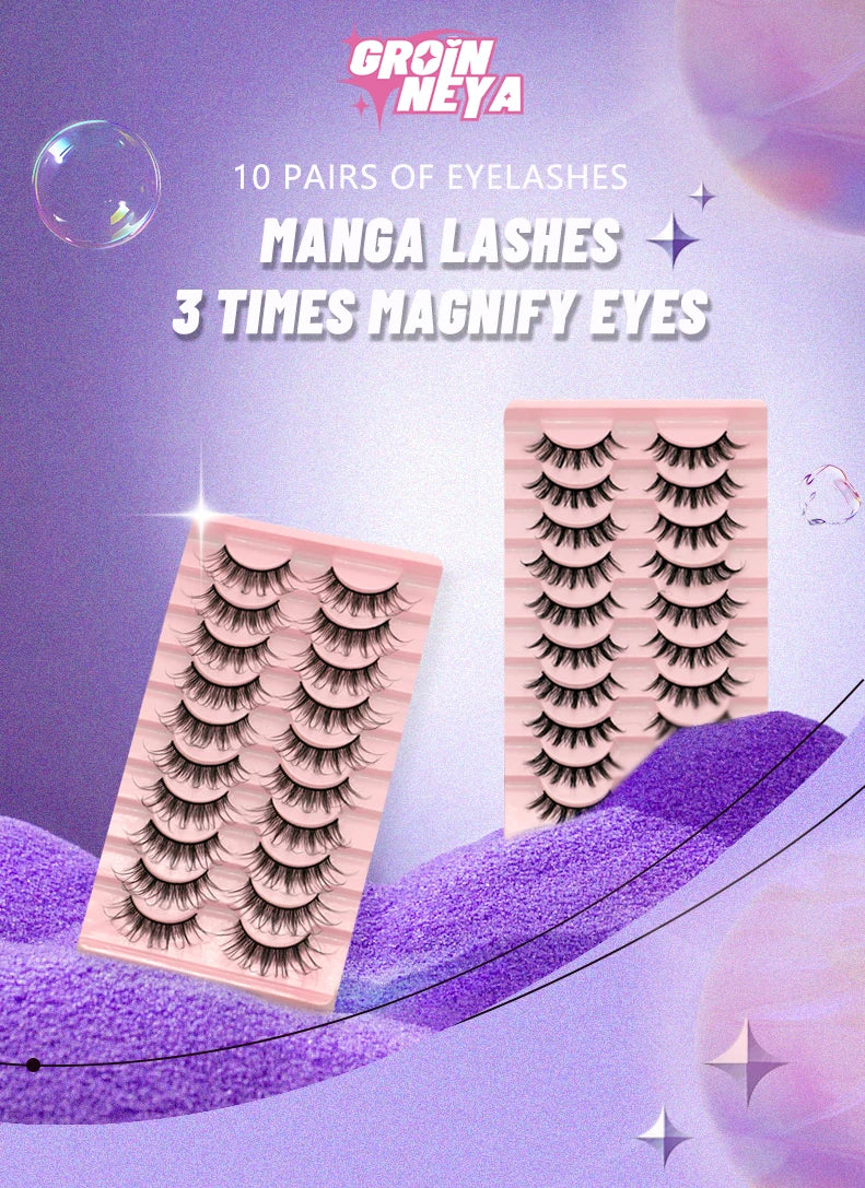 GROINNEYA 5/10 Pairs Natural False Eyelashes, Manga 3D Faux Mink, Soft Winged, Realistic Extensions