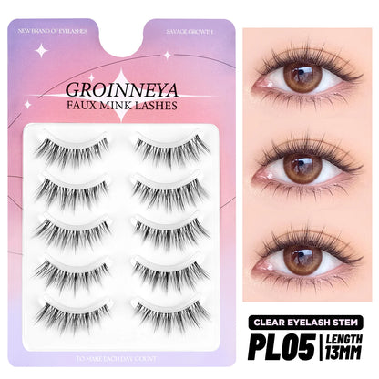 GROINNEYA Korean Manga Lashes, 5 Pairs, Natural Wispy Soft False Eyelashes, Comic Eye, Clear Band Extensions