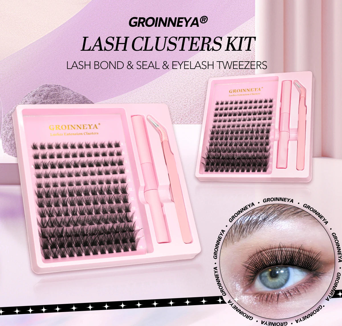 GROINNEYA Lash Clusters Kit, Waterproof Strong Hold, DIY Lash Extensions, Bond & Seal, Tweezers