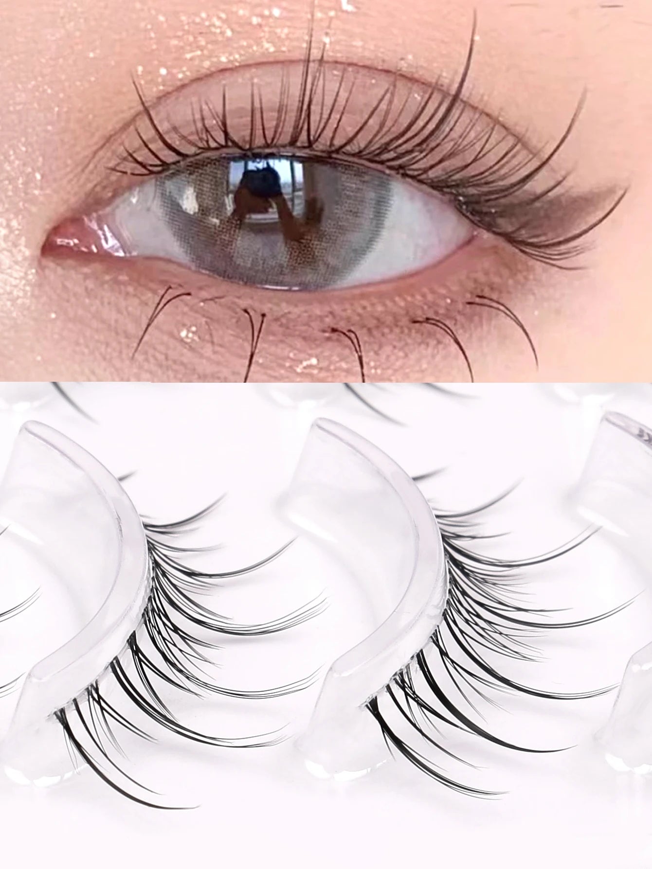 GROINNEYA Korean Manga Lashes, 5 Pairs, Natural Wispy Soft False Eyelashes, Comic Eye, Clear Band Extensions