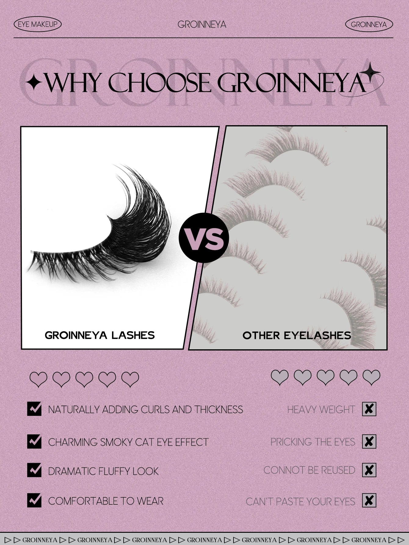 GROINNEYA Half Lashes, 3D Natural False Cat Eye Lashes, Soft Cross, Clear Band, Eyelash Extensions