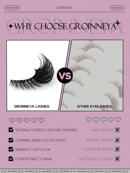 GROINNEYA Half Lashes, 3D Natural False Cat Eye Lashes, Soft Cross, Clear Band, Eyelash Extensions