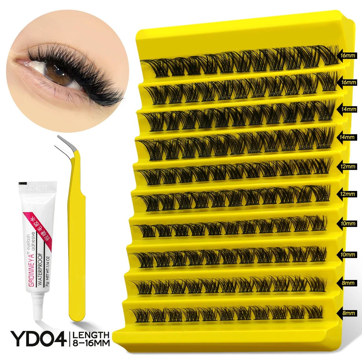 GROINNEYA Lash Clusters Kit, Waterproof Strong Hold, DIY Lash Extensions, Bond & Seal, Tweezers