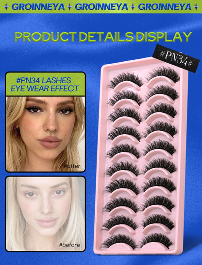 GROINNEYA 3D Natural Eyelashes, 5/10 Pairs, Fluffy Wispy, Cross, Cat Eye Lash Extensions Makeup